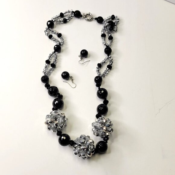 Clear Glass Crystal and Black Bead Necklace Set with Earrings - Picture 7 of 9
